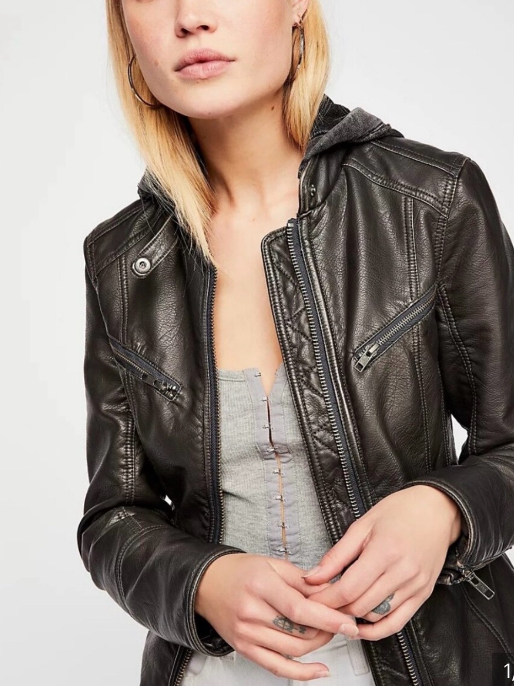 We The Free Monroe Black Faux Leather Hooded Zip Jacket